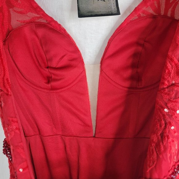 NEW MAC DUGGAL EMBELLISHED PUFF SLEEVE PLUNGED NECK TRUMPET LACE RED 12421 - Picture 5 of 9